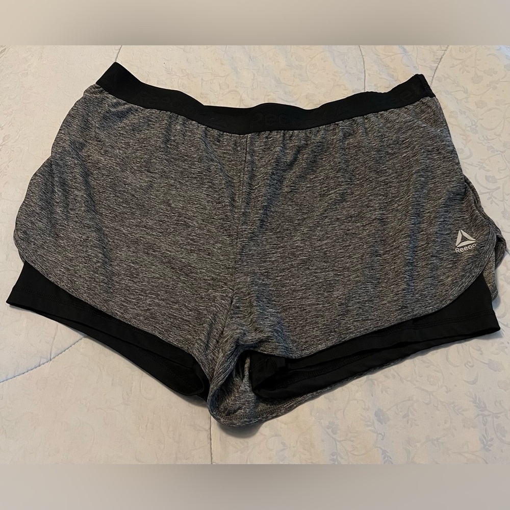Reebok athletic layered shorts; grey & black.  Gently used condition.